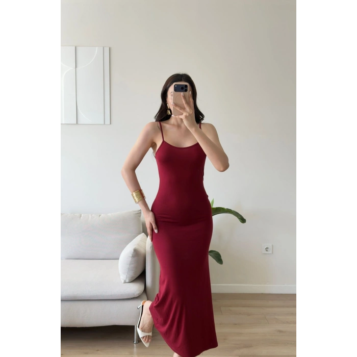 Askılı Viskon Maxi Elbise - BORDO