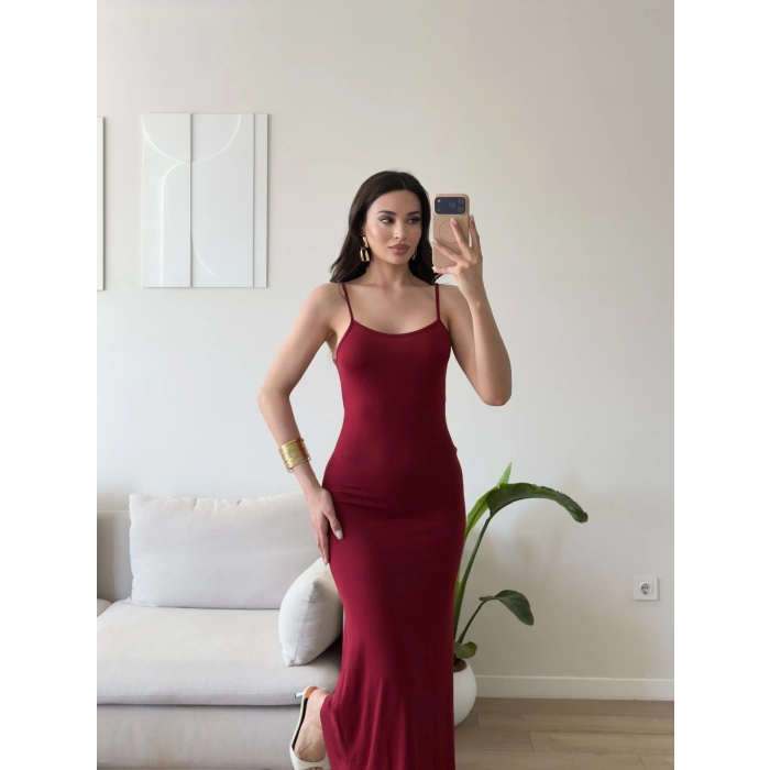 Askılı Viskon Maxi Elbise - BORDO