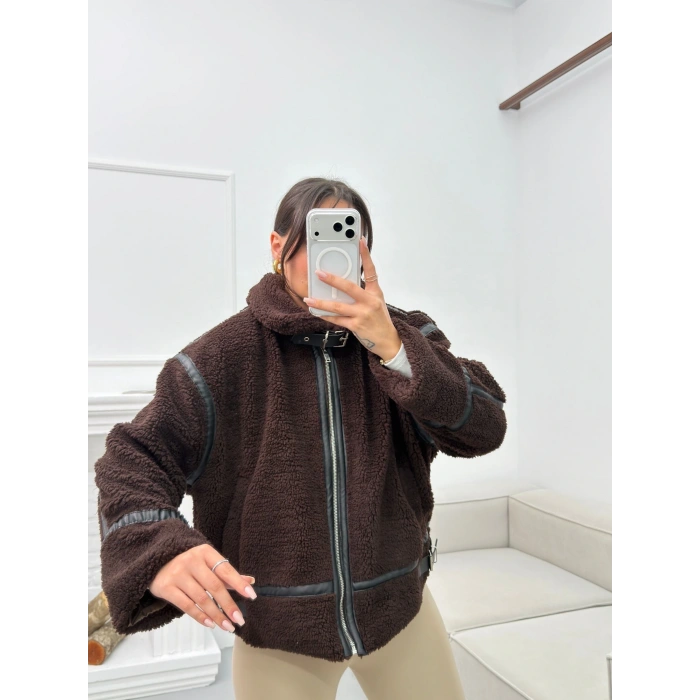 Astarlı Biyeli Peluş Mont - KAHVE