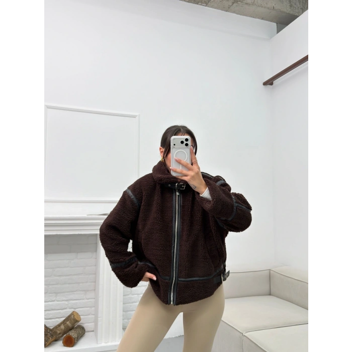 Astarlı Biyeli Peluş Mont - KAHVE