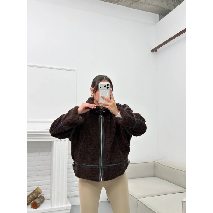 Astarlı Biyeli Peluş Mont - KAHVE