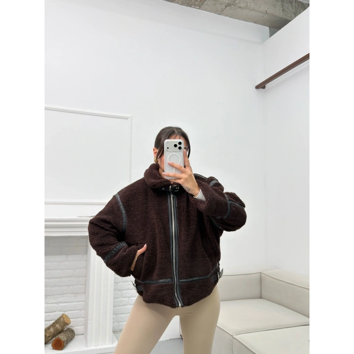 Astarlı Biyeli Peluş Mont - KAHVE