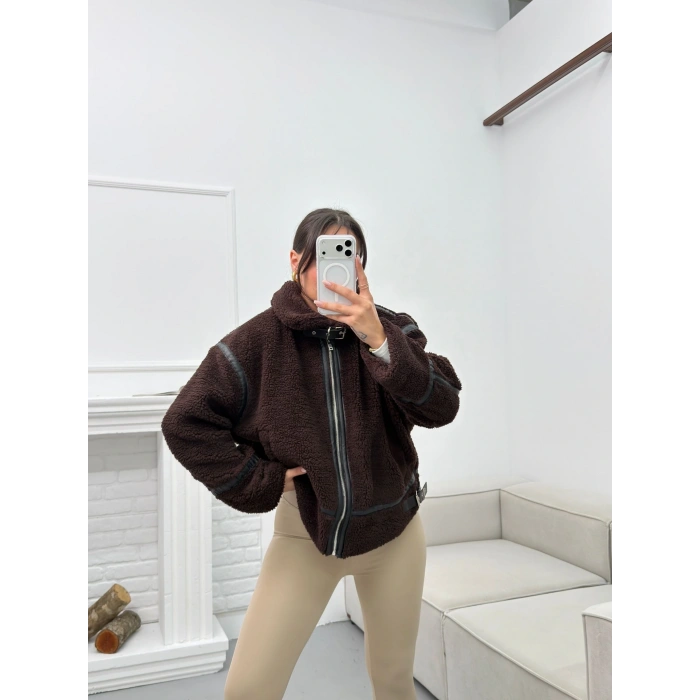 Astarlı Biyeli Peluş Mont - KAHVE