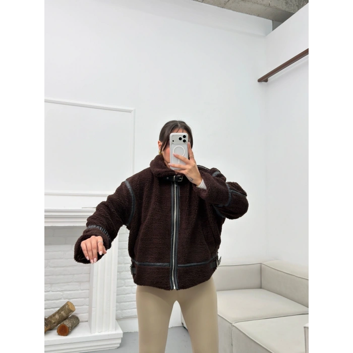 Astarlı Biyeli Peluş Mont - KAHVE