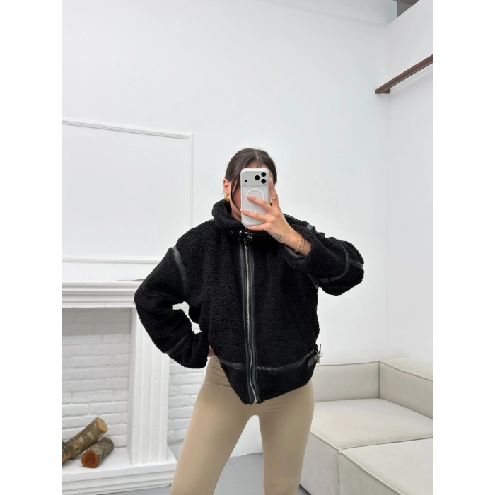 Astarlı Biyeli Peluş Mont - SİYAH