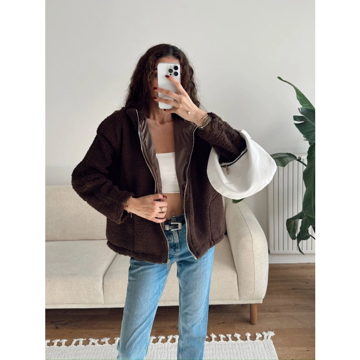 Astarlı Cozy Peluş Ceket - KAHVE