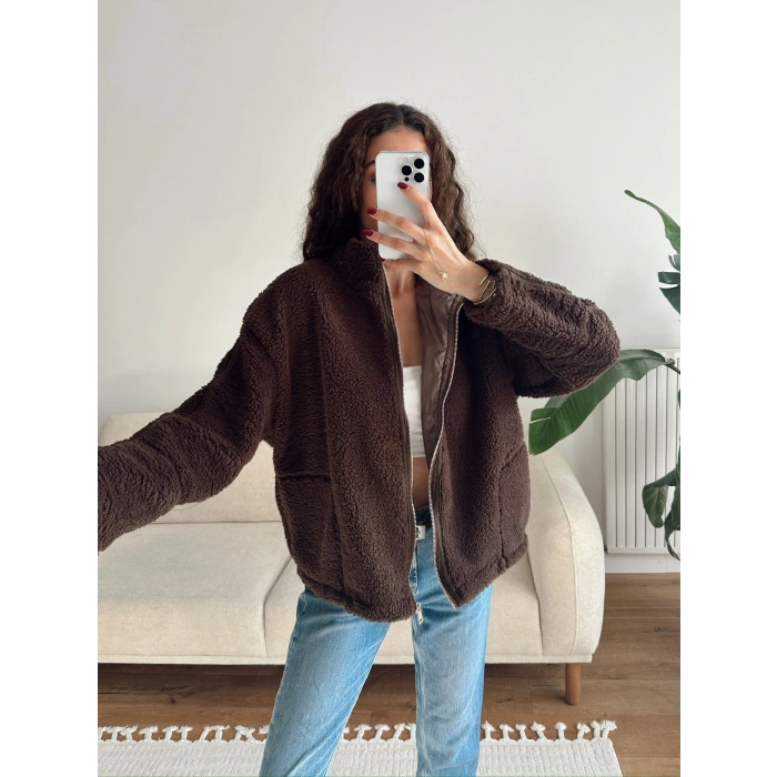 Astarlı Cozy Peluş Ceket - KAHVE
