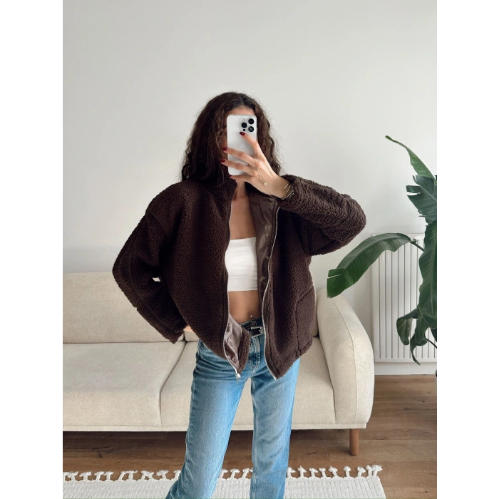 Astarlı Cozy Peluş Ceket - KAHVE