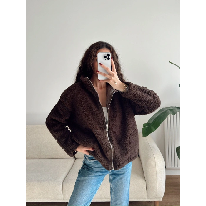 Astarlı Cozy Peluş Ceket - KAHVE