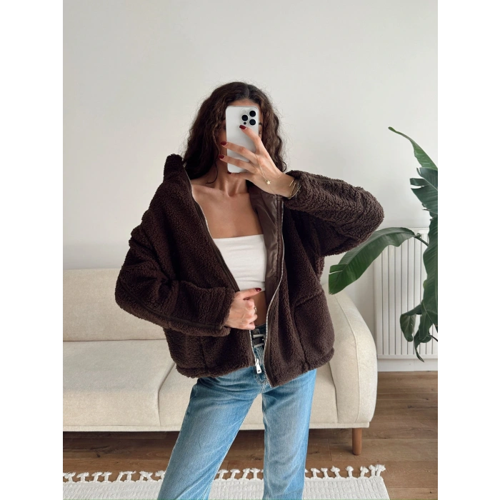 Astarlı Cozy Peluş Ceket - KAHVE