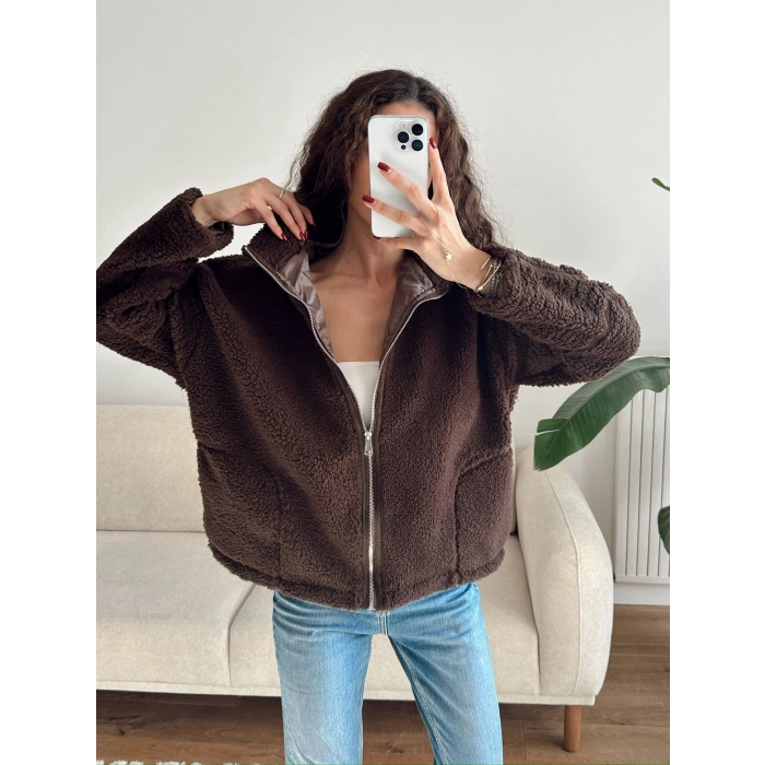 Astarlı Cozy Peluş Ceket - KAHVE
