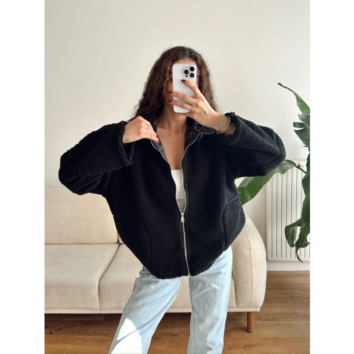 Astarlı Cozy Peluş Ceket - SİYAH
