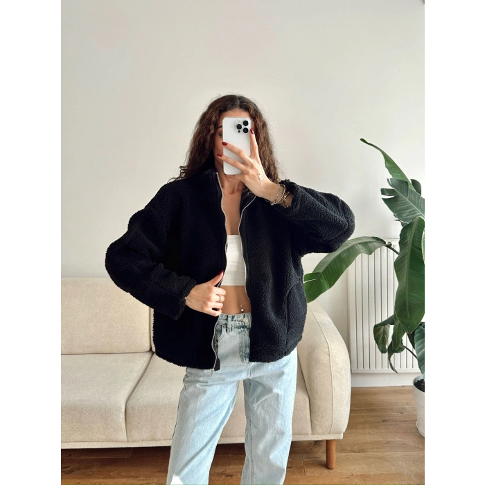 Astarlı Cozy Peluş Ceket - SİYAH