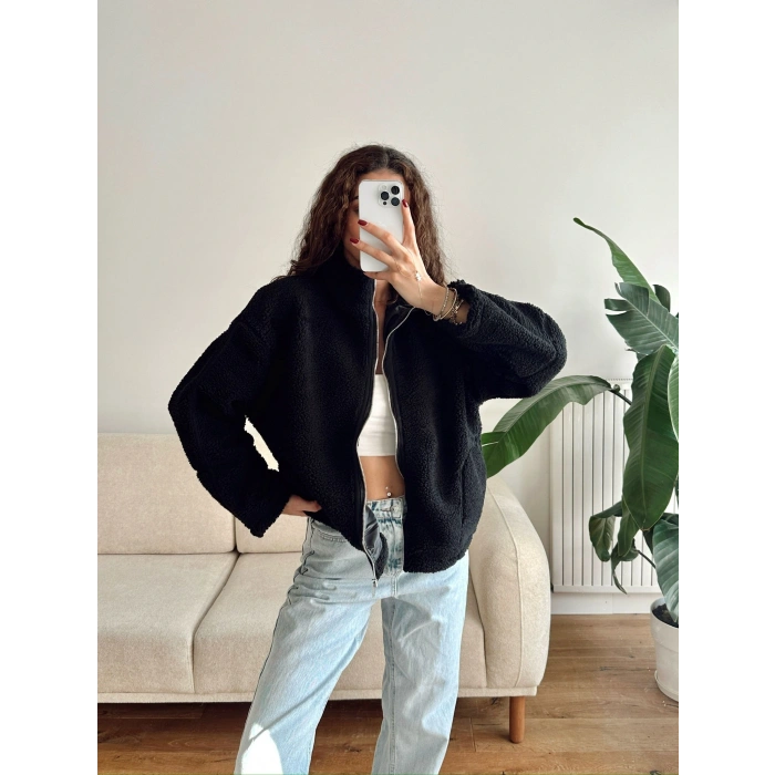 Astarlı Cozy Peluş Ceket - SİYAH