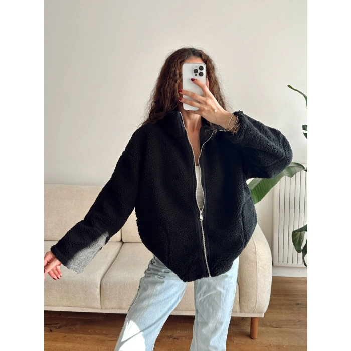 Astarlı Cozy Peluş Ceket - SİYAH