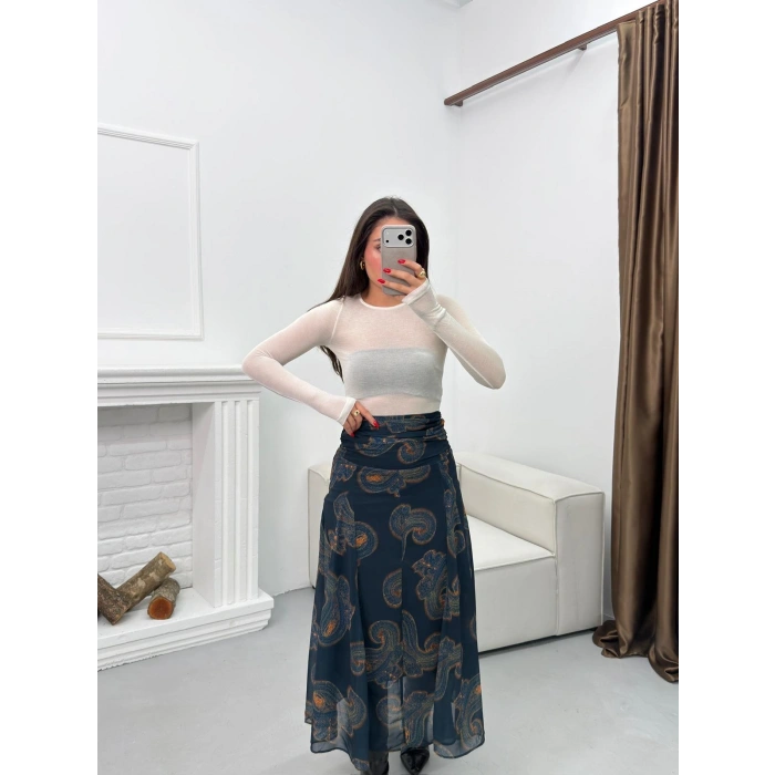 Astarlı Desenli Şifon Etek - LACİVERT