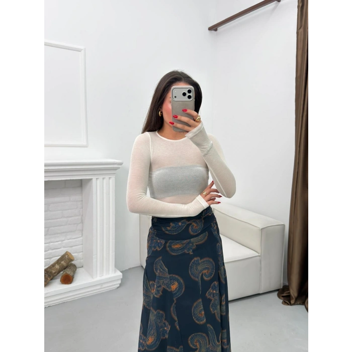 Astarlı Desenli Şifon Etek - LACİVERT