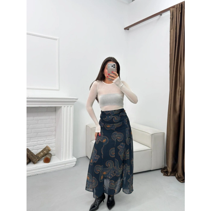 Astarlı Desenli Şifon Etek - LACİVERT
