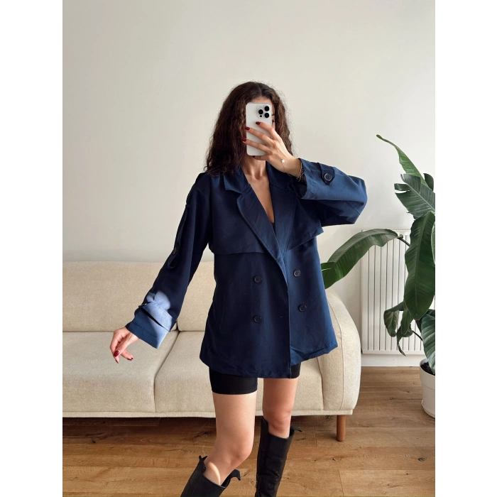 Astarlı Kruvaze Yaka Trençkot - LACİVERT