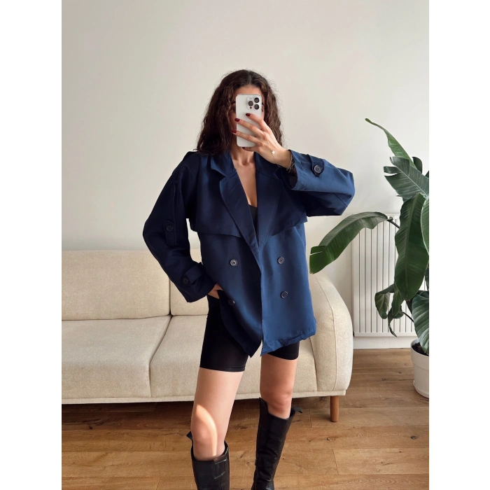 Astarlı Kruvaze Yaka Trençkot - LACİVERT