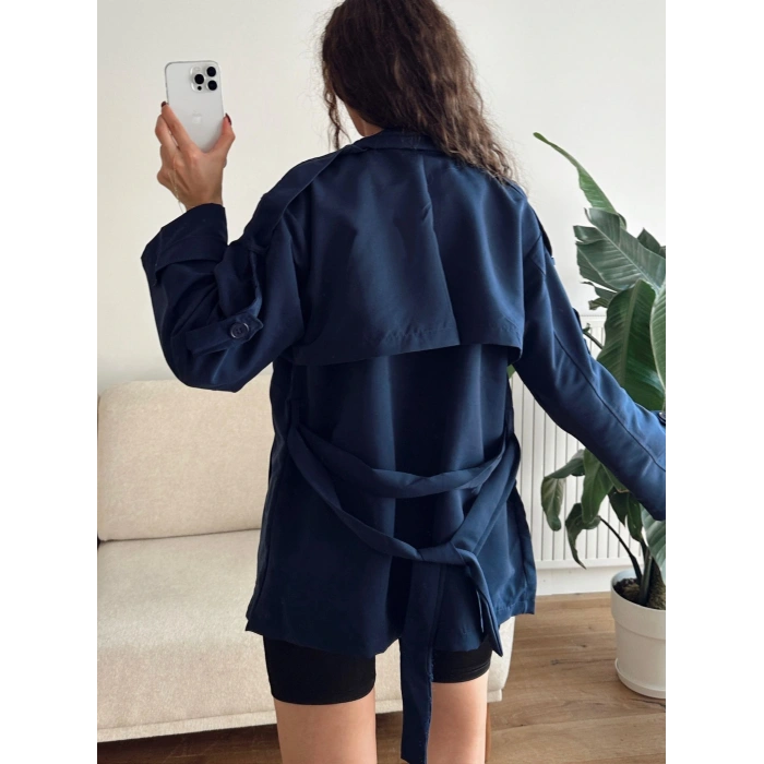 Astarlı Kruvaze Yaka Trençkot - LACİVERT