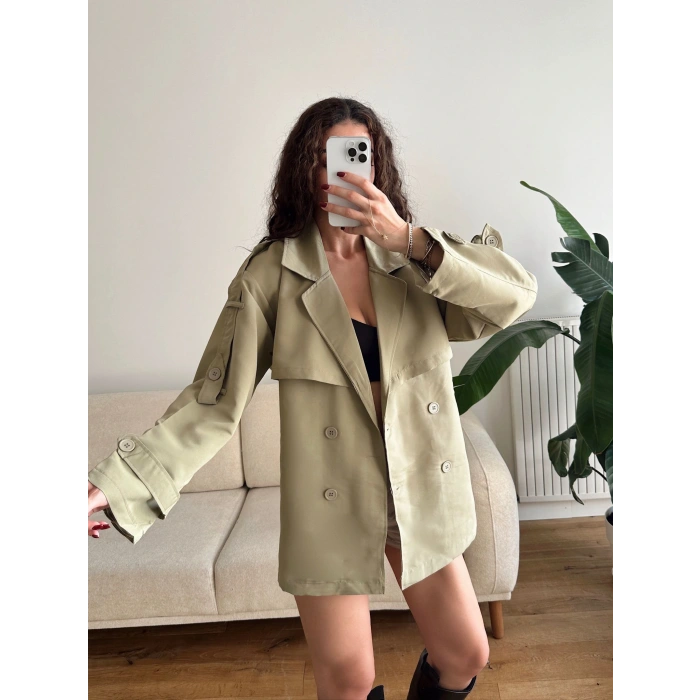 Astarlı Kruvaze Yaka Trençkot - YEŞİL