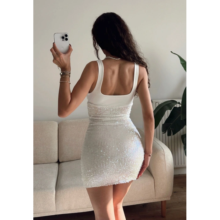 Astarlı Payet Elbise - BEYAZ