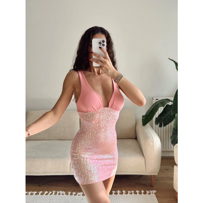 Astarlı Payet Elbise - PEMBE