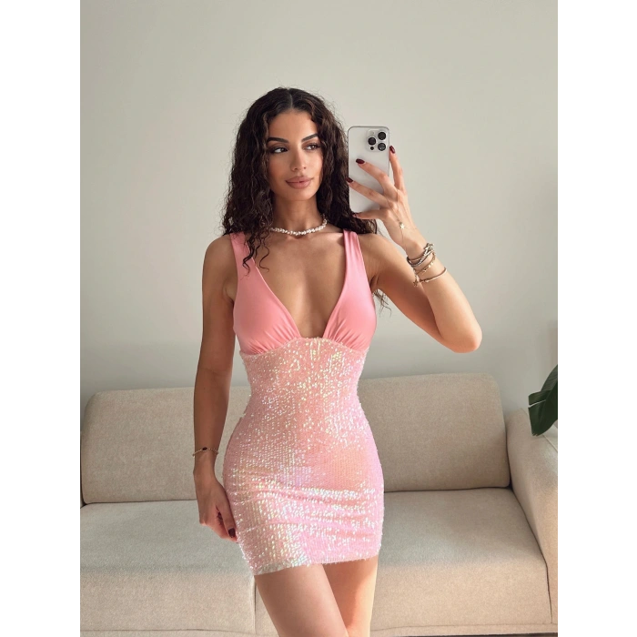 Astarlı Payet Elbise - PEMBE