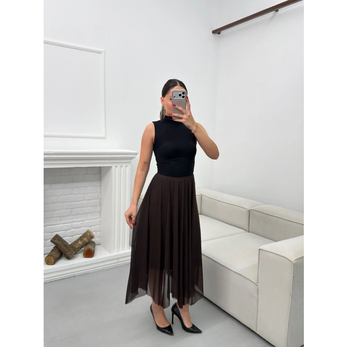 Astarlı Pileli Şifon Etek - KAHVE