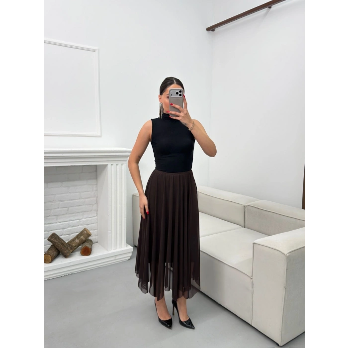 Astarlı Pileli Şifon Etek - KAHVE