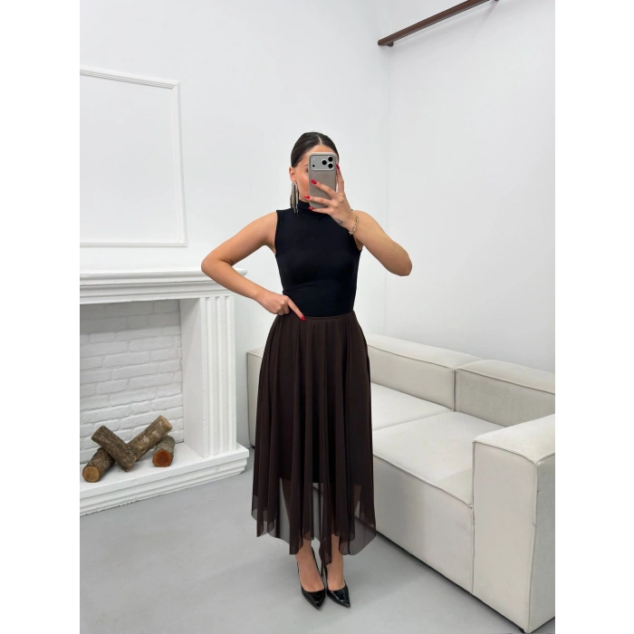 Astarlı Pileli Şifon Etek - KAHVE