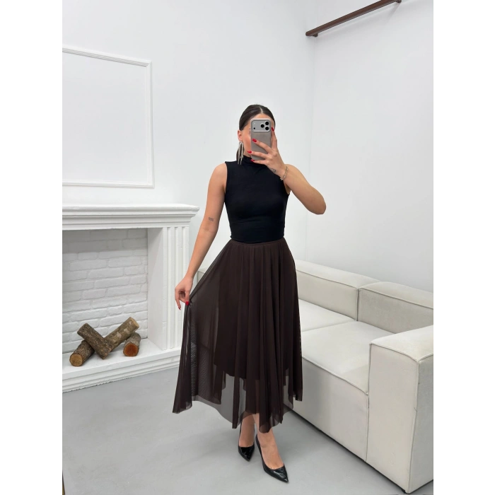 Astarlı Pileli Şifon Etek - KAHVE