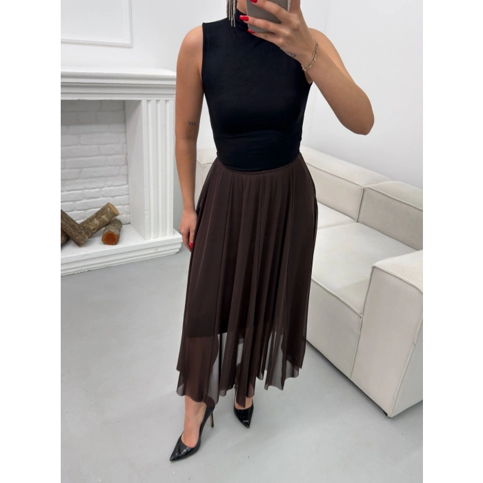 Astarlı Pileli Şifon Etek - KAHVE
