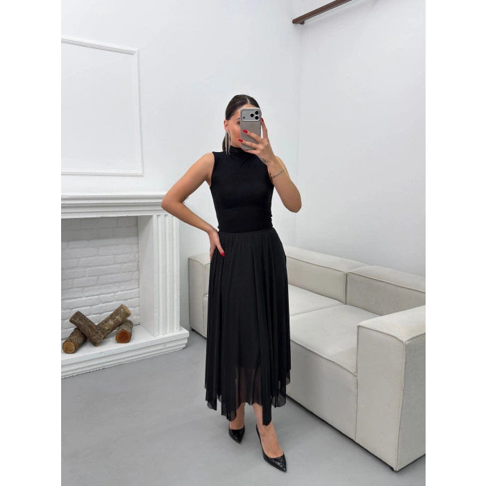 Astarlı Pileli Şifon Etek - SİYAH