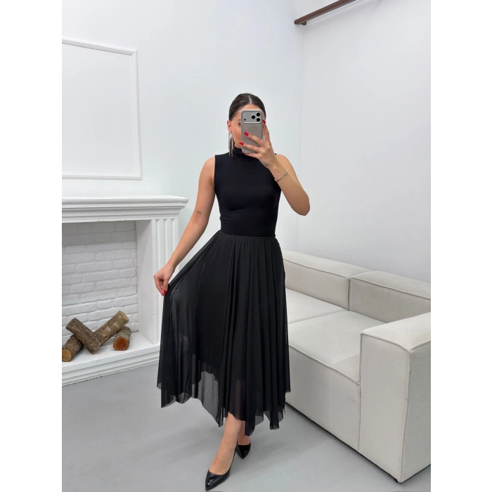 Astarlı Pileli Şifon Etek - SİYAH