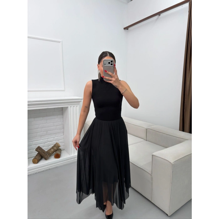 Astarlı Pileli Şifon Etek - SİYAH