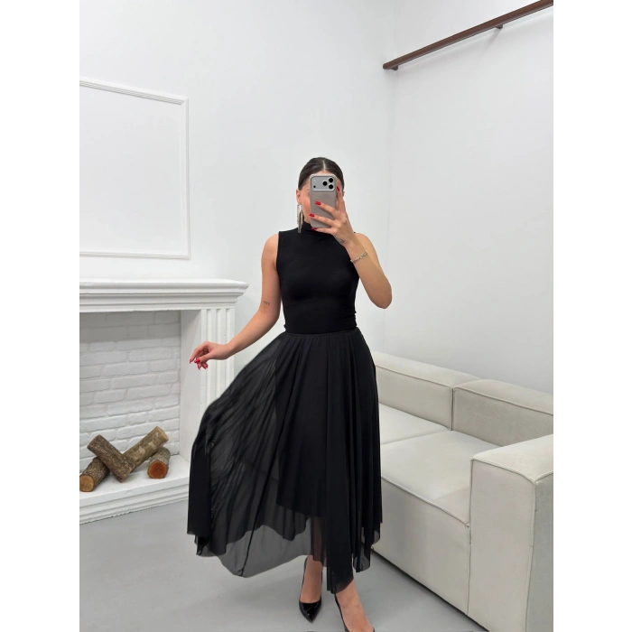 Astarlı Pileli Şifon Etek - SİYAH