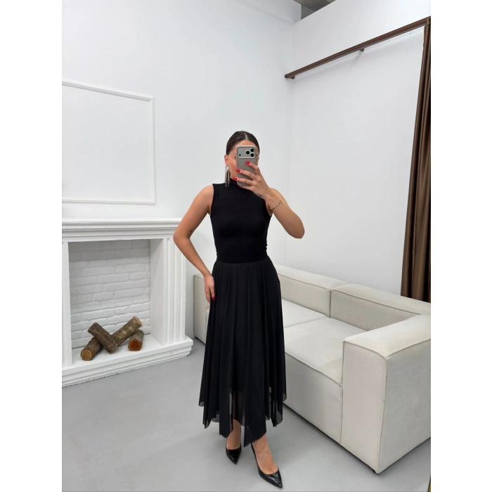 Astarlı Pileli Şifon Etek - SİYAH