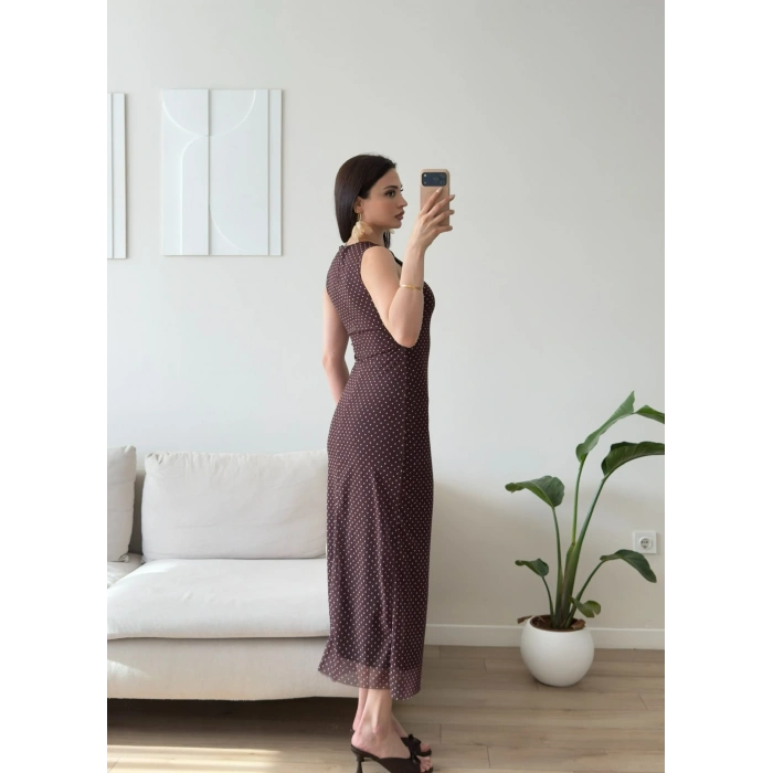Astarlı Puantiyeli Long Elbise