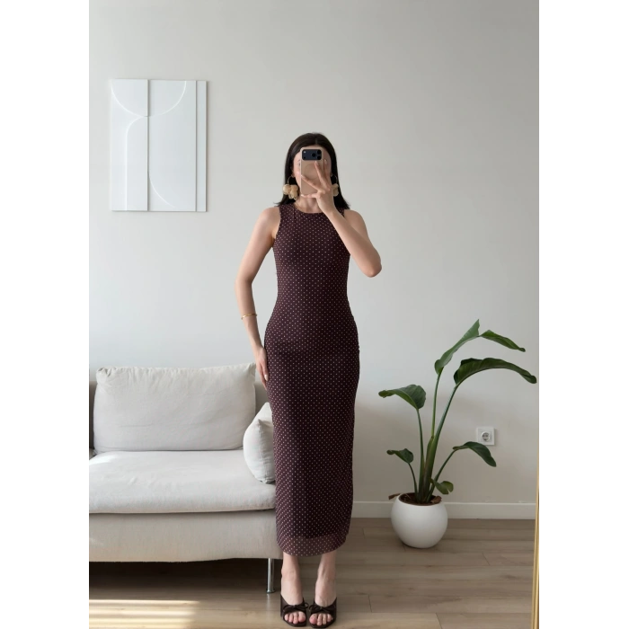 Astarlı Puantiyeli Long Elbise