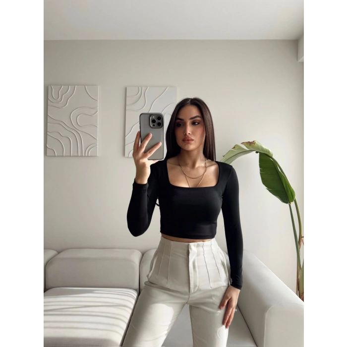 Astarlı U Yaka Crop - SİYAH
