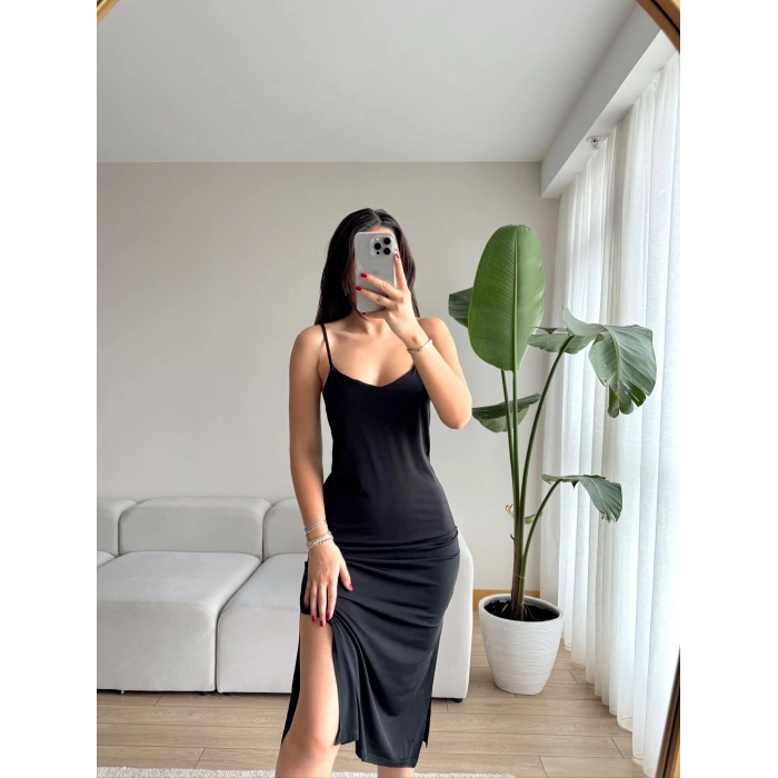 Ayarlanabilir Askı Çift Yırtmaç Elbise - SİYAH