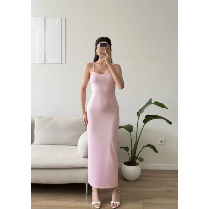 Ayarlanabilir Askı Scuba Long Elbise - PEMBE