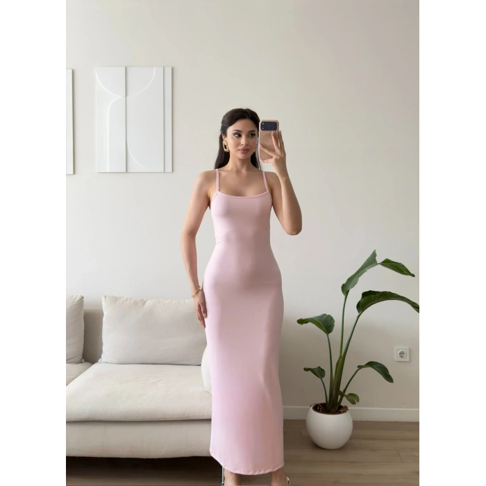 Ayarlanabilir Askı Scuba Long Elbise - PEMBE