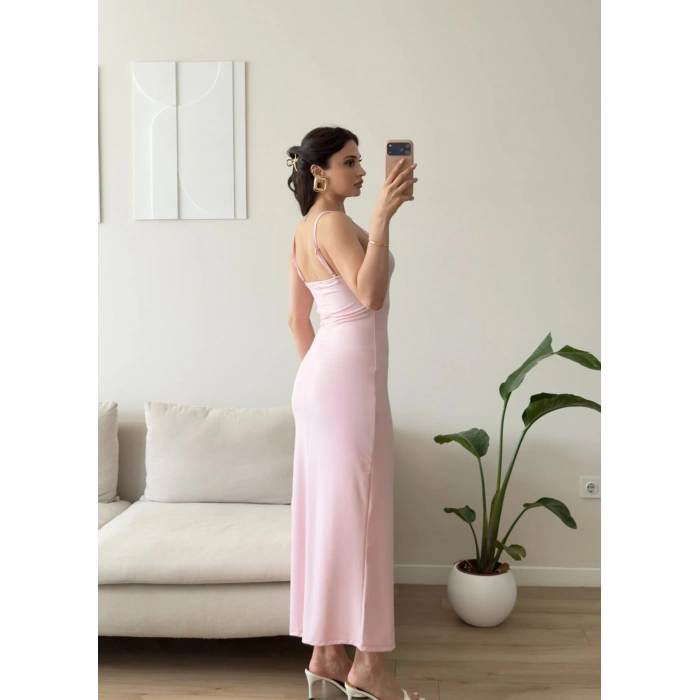 Ayarlanabilir Askı Scuba Long Elbise - PEMBE