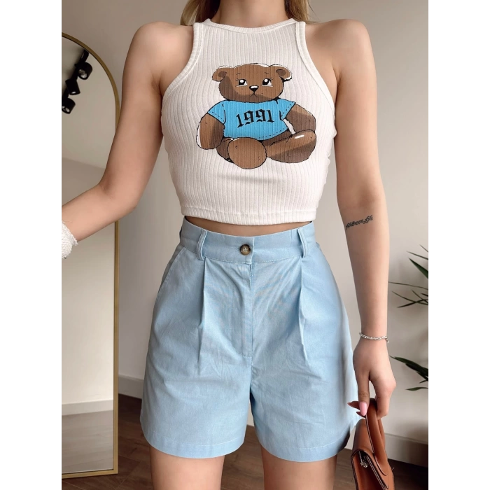 Ayıcık Baskılı Kaşkorse Crop-BEYAZ