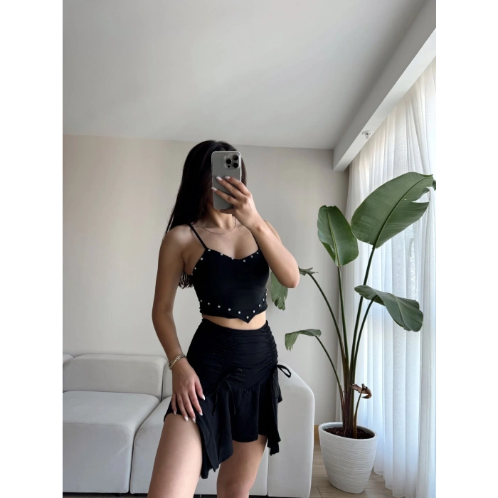 Bağcıklı Büzgülü Etek-SİYAH