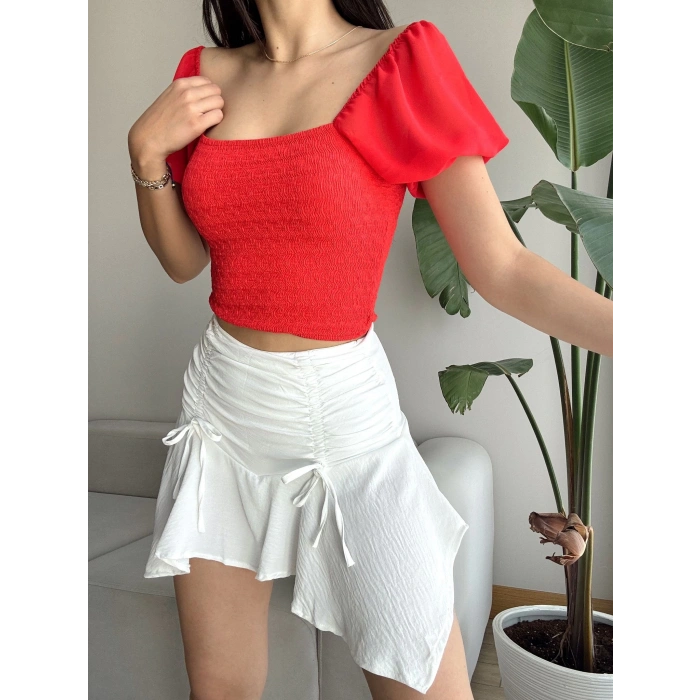 Bağcıklı Büzgülü Etek-BEYAZ