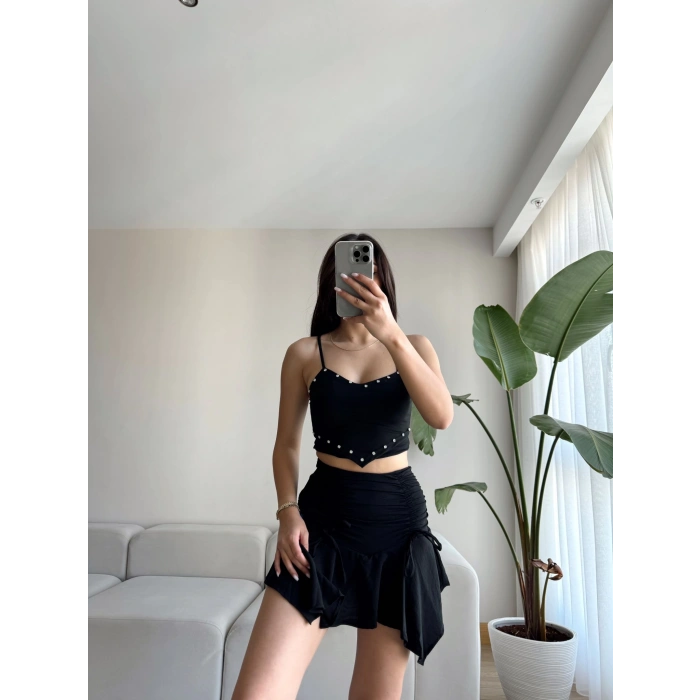 Bağcıklı Büzgülü Etek-SİYAH